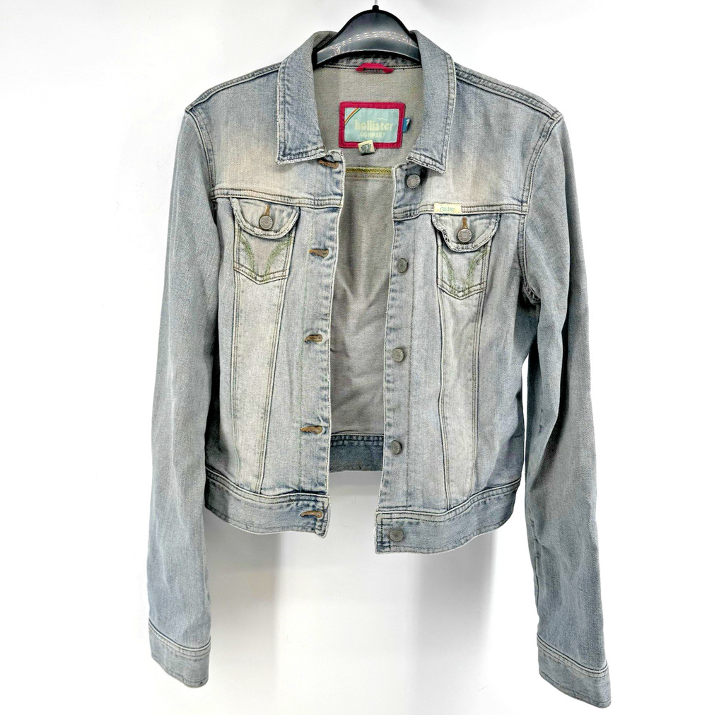 Hollister Jean Jacket Juniors Size Medium Green Pocket Stitch Light Wash